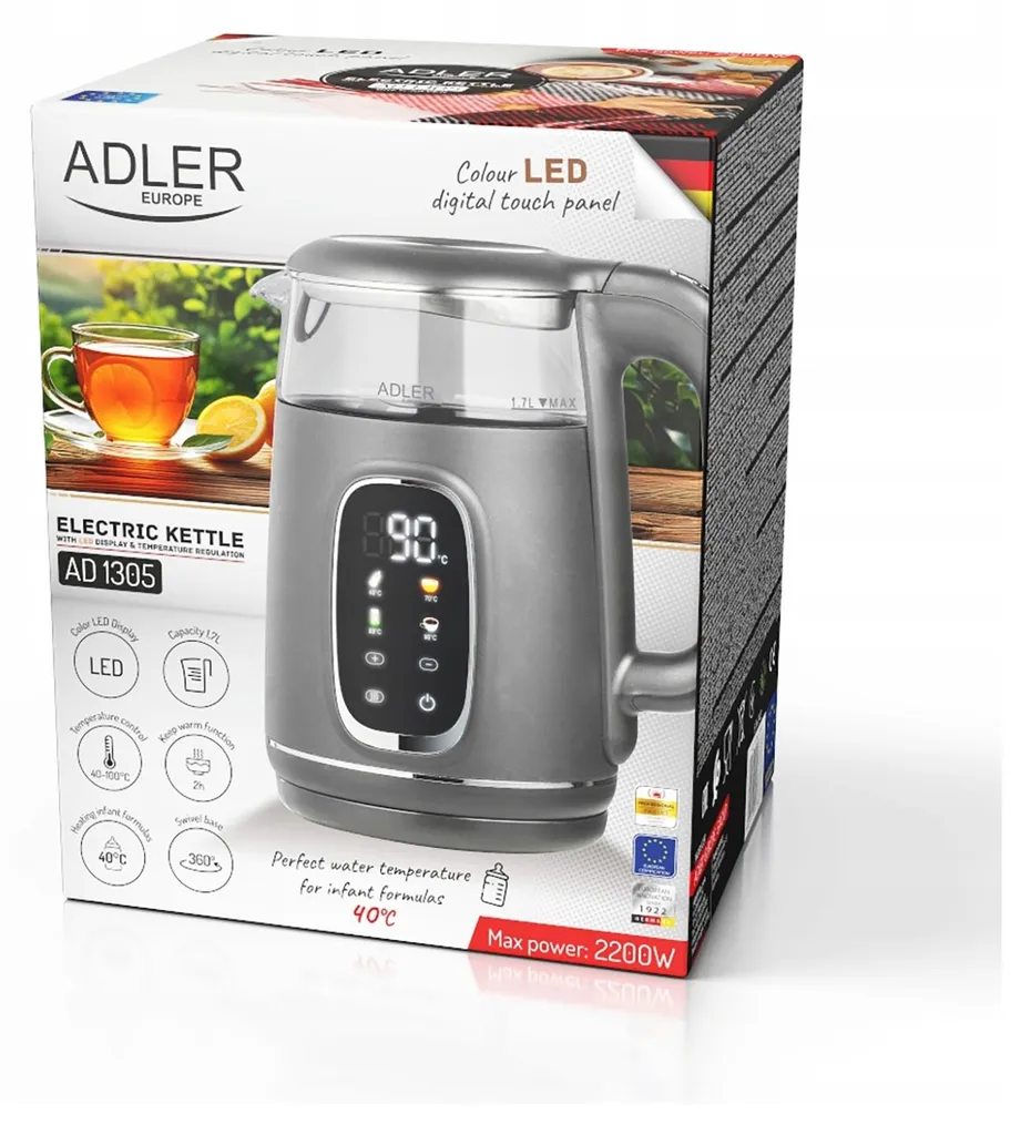 Bouilloire électrique 1,7 L Adler AD 1305 avec Base 360° et Écran LED