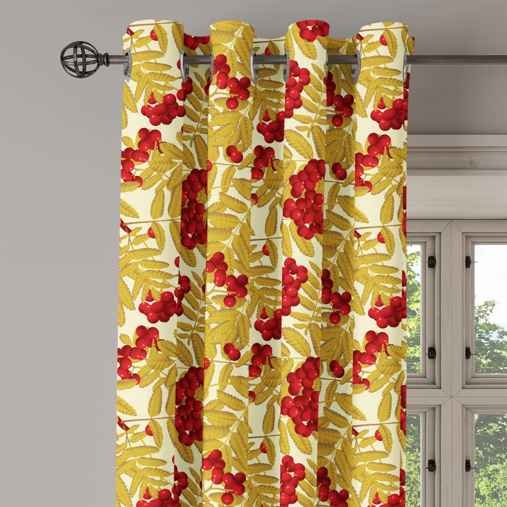 Paire de rideaux décoratifs nature 280x245 cm motif baies et feuilles