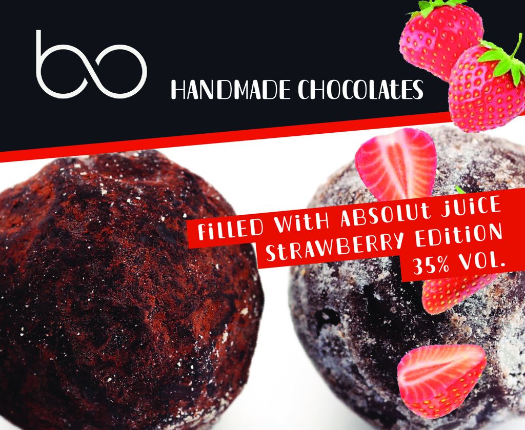 Feinste handgefertigte Pralinen I Füllung aus Schokolade und ABSOLUT Vodka Strawberry Edition 35% vol. I (16 x 15g) I bo Handmade Chocolates