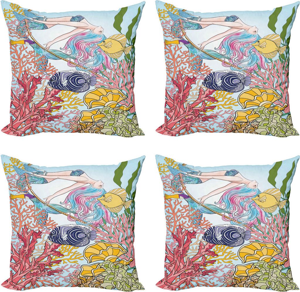 ABAKUHAUS Meerjungfrau Kissenbezug Set (4 Stück), Flüchtiges Meer Korallenriffe, Moderner Doppelseitiger Digitaldruck, 45 cm x 45 cm, Mehrfarbig