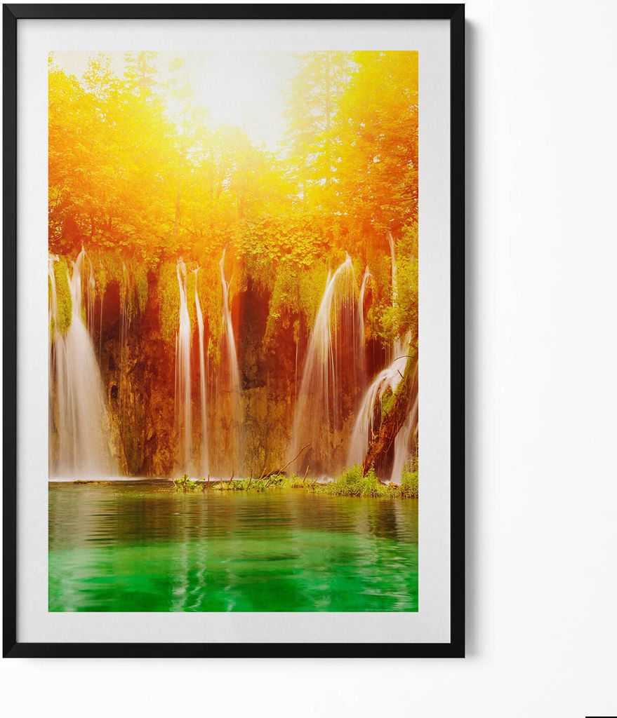 Malerischer Blick auf einen Wasserfall– Wandbild mit Rahmen – Gerahmtes Bild – Wanddekoration – 70x100 cm – Schwarz Rahmen