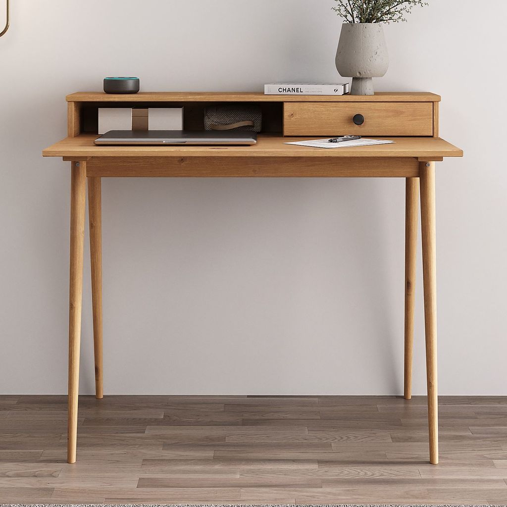 Schreibtisch MALINA mit Aufsatz & Schublade aus Kiefer Massivholz, Eiche farben- Bürotisch mit Stauraum & konischen Beinen, Stabiler PC-Tisch aus ...