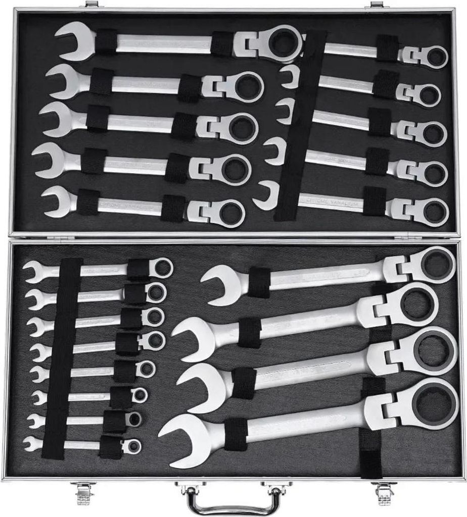 Ratschenringschlüssel-Set - Gelenk-Kombischlüssel - 22-teilig - 6–32 mm - Offenes Maul und Ringratsche - Schwarz