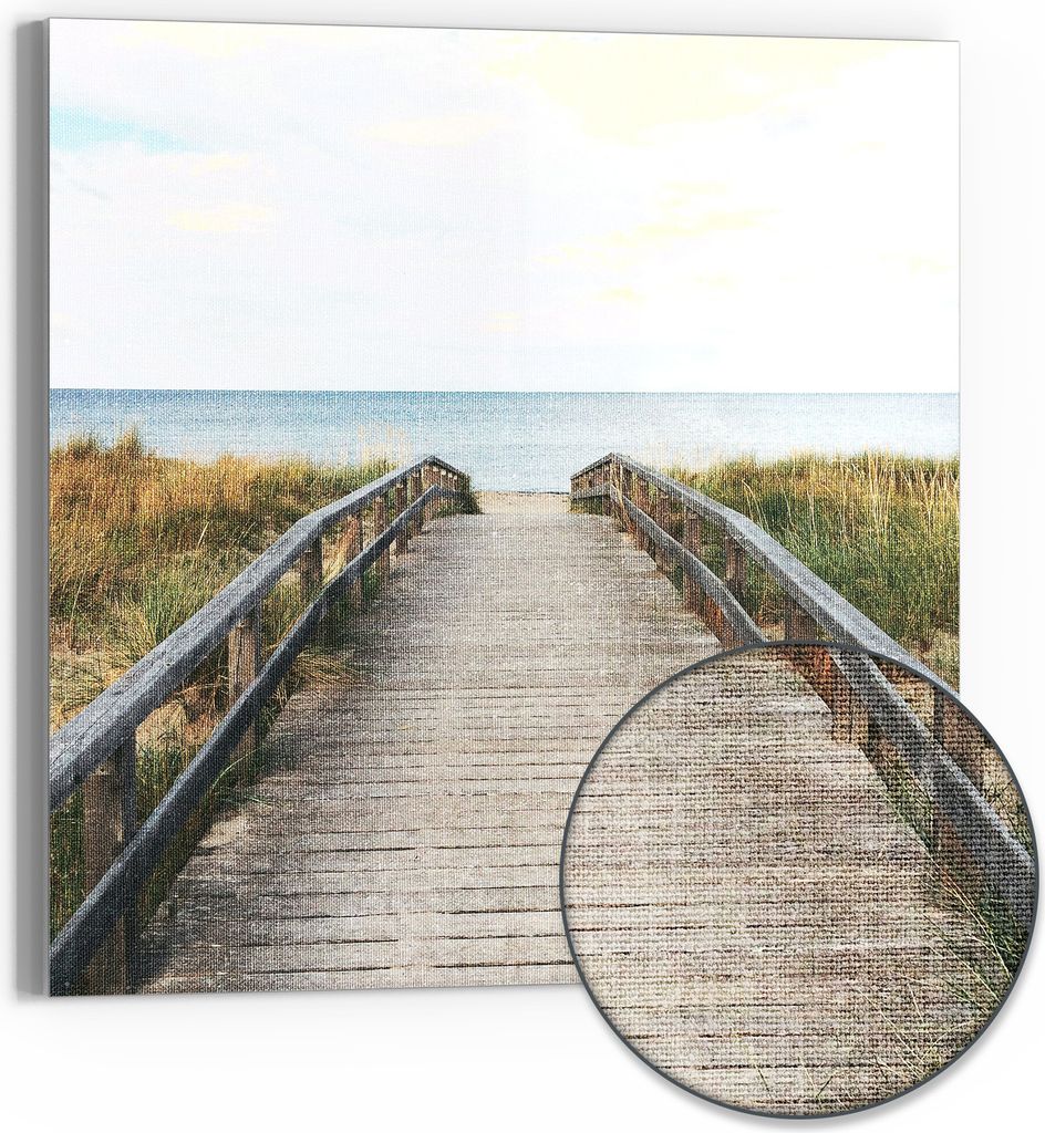 DEQORI Hybrid Leinwand Bild 30x30 cm 'Steg ins Blaue' Wandbild Glas flach modern