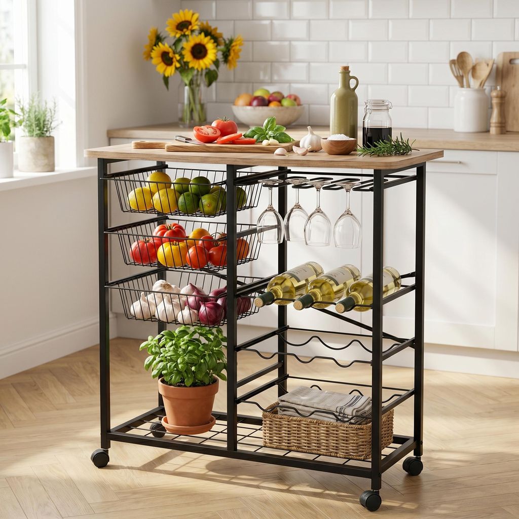 Carenza Home Küchenwagen Servierwagen Barwagen rollbar, Mobile Bar mit Weinregal Gläserhalter 3 Drahtkörbe, Industrial Eiche schwarz, 90 x 40 x 90