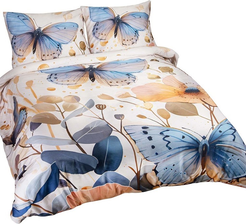 A close-up view of a bedding set with a butterfly and floral pattern.