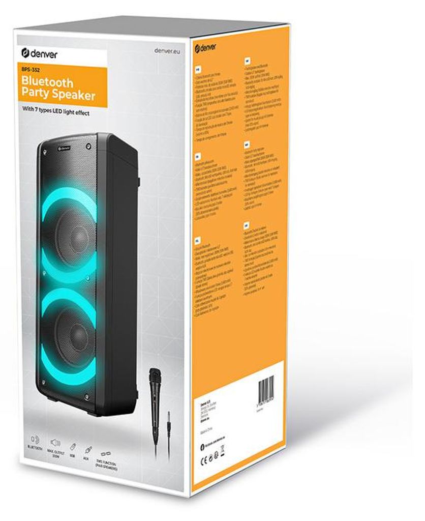 The image shows the retail packaging of a Denver Electronics Bluetooth Party Speaker.