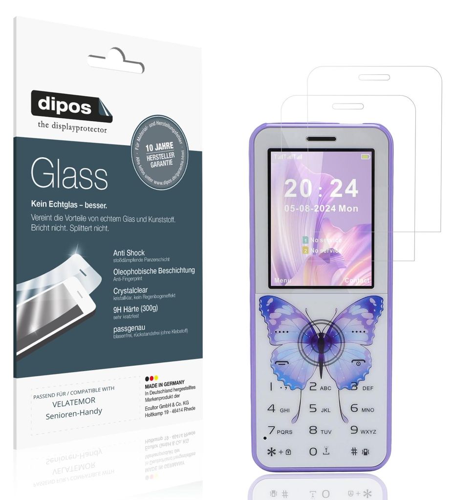 2x Schutzfolie für VELATEMOR Senioren-Handy - Anti-Shock 9H Folie dipos Glass Kunststoffglas
