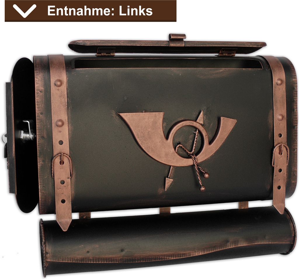 Briefkasten Retro alter Koffer mit Posthorn Postkasten mit Zeitungsfach Vintage Schwarz Gold Kupfer Silber Wandbriefkasten Antik Design - Farbe: Sc...