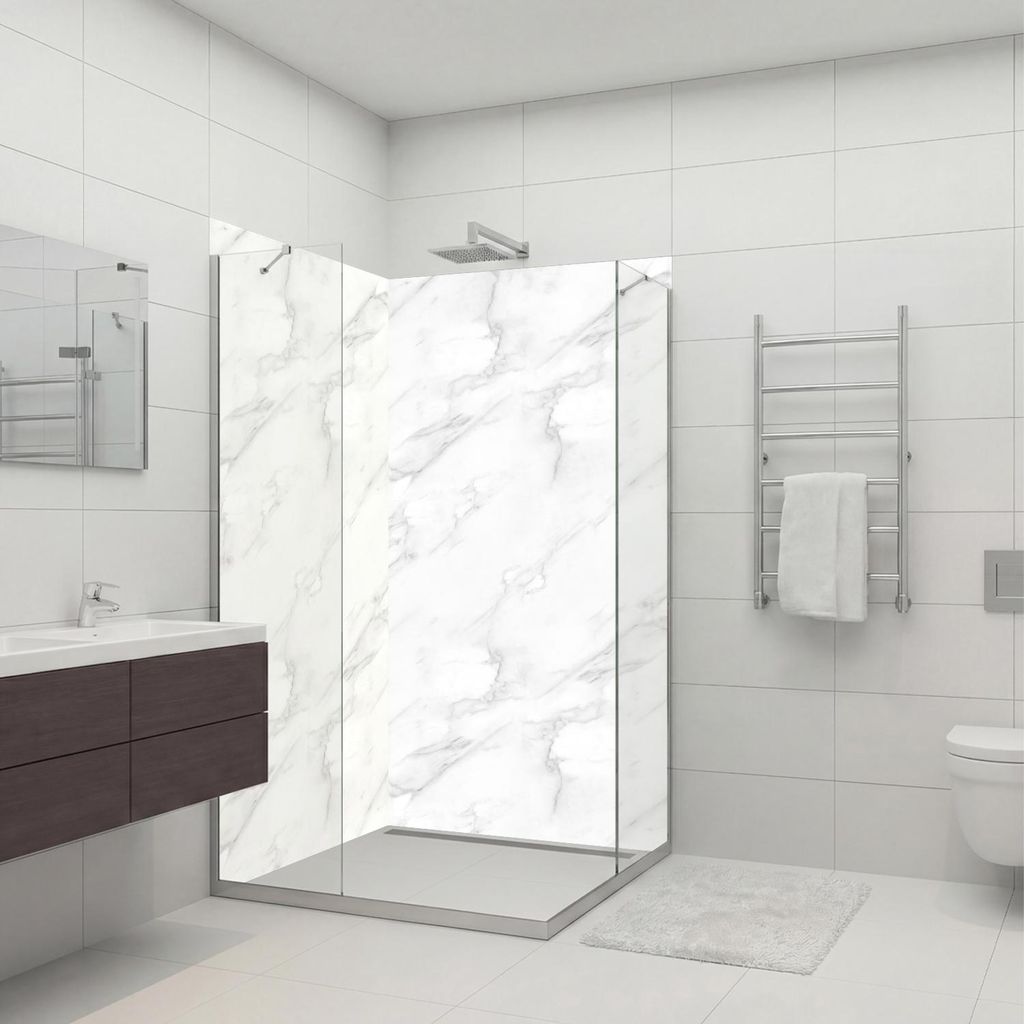 dedeco Eck-Duschrückwände Aluminium wasserfest Motiv: Marmor V4, 2 x 90x200x0,3cm, Badrückwand, Fliesenersatz fugenlos Wandverkleidung Wandpanee...