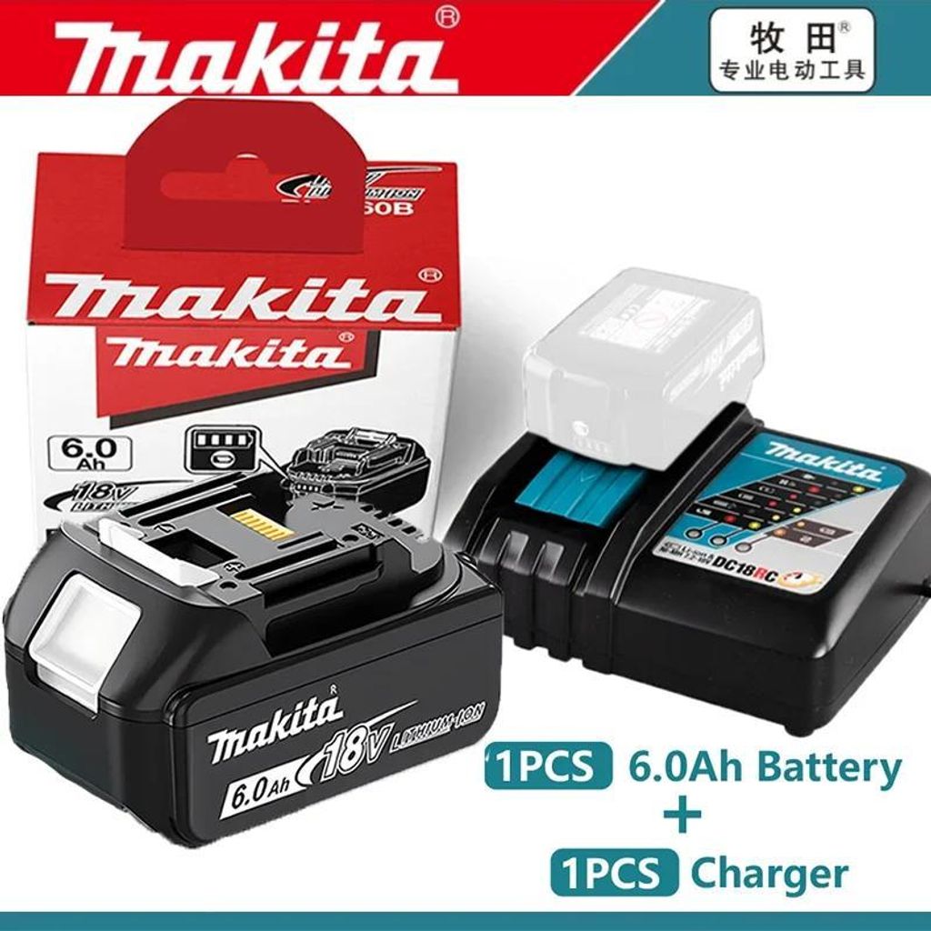 Akku-Set 18V für Elektrowerkzeuge - Li-Ion 6,0Ah 6000 mAh - 1x Akku + 1x Schnellladegerät - LED-Anzeige - Kompatibel mit BL1860/BL1850/BL1840/BL1...