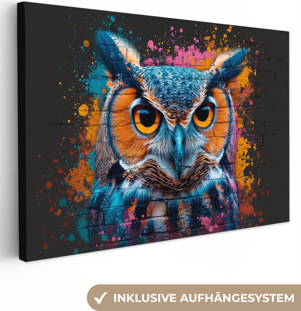 MuchoWow - Leinwandbilder - Eule - Vogel - Bunt - Graffiti - Kunst, Wandbild, Wanddeko Bilder Wohnzimmer, 60x40 cm