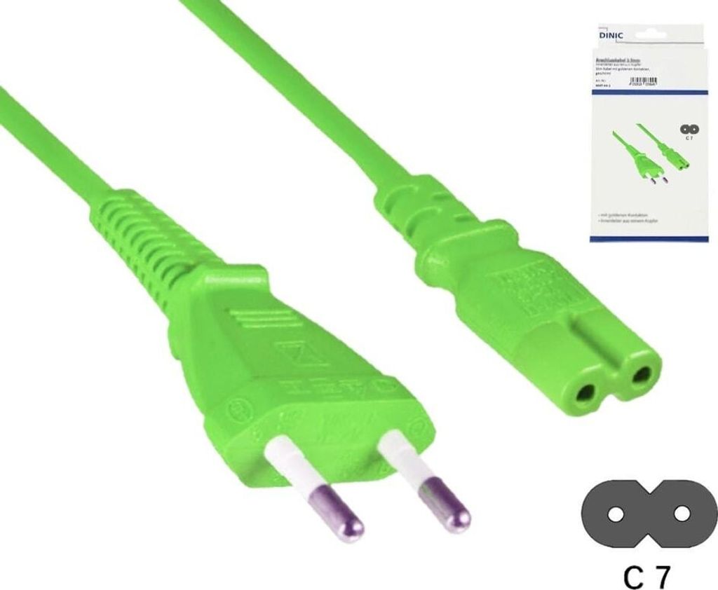 DINIC Netzkabel Eurostecker Typ C auf C7, 0,75mm², Eurostecker/IEC 60320-C7, VDE, grün, Länge 1,80m
