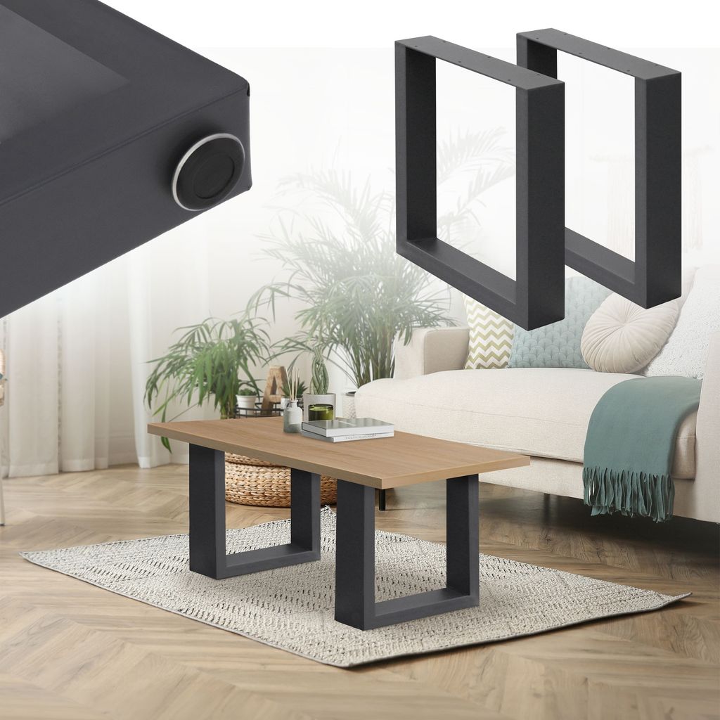 A collage showing a close-up of a table leg and a coffee table in a living room setting.