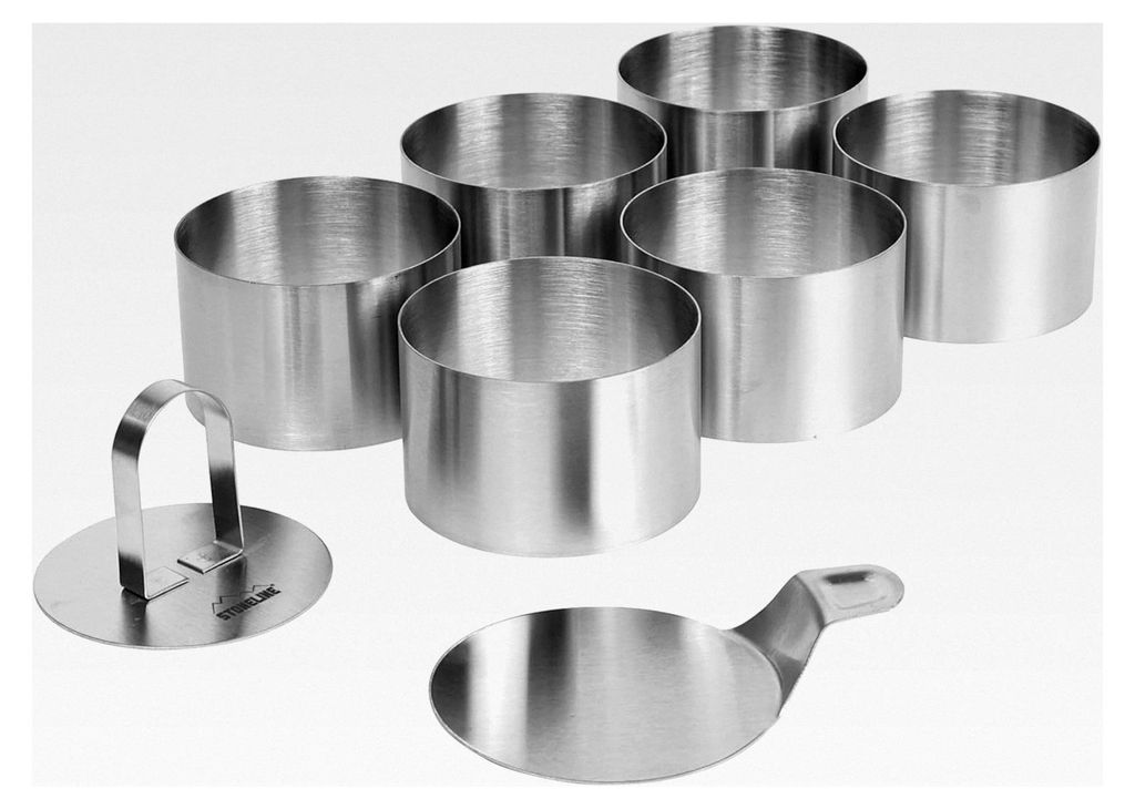Dessert- und Speiseringe Set 8 cm Rund 8-teilig Edelstahl, 6 Ringe mit Heber und Stempel, kleine Kuchenform, Muffin Backform, Ausstecher