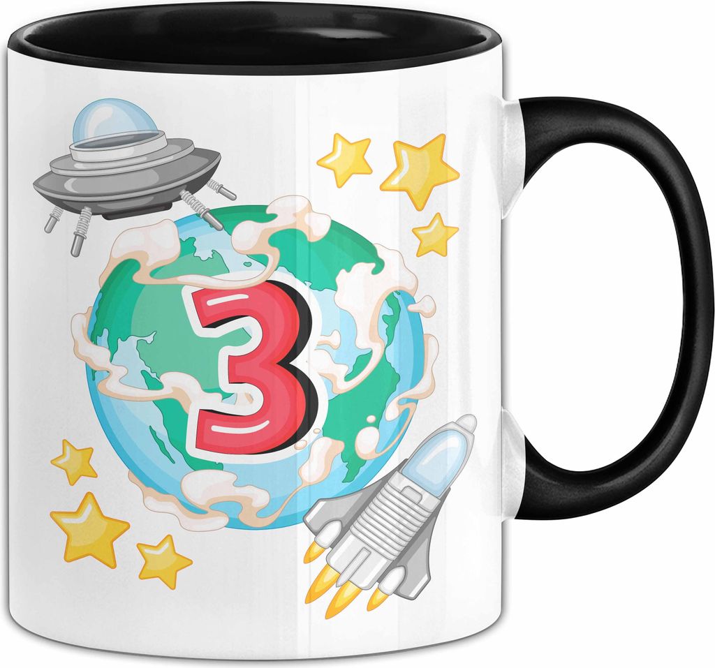 3. Geburtstag Geschenk Tasse Becher Jungs Mädchen Ufo Welt Galaxie (Schwarz)