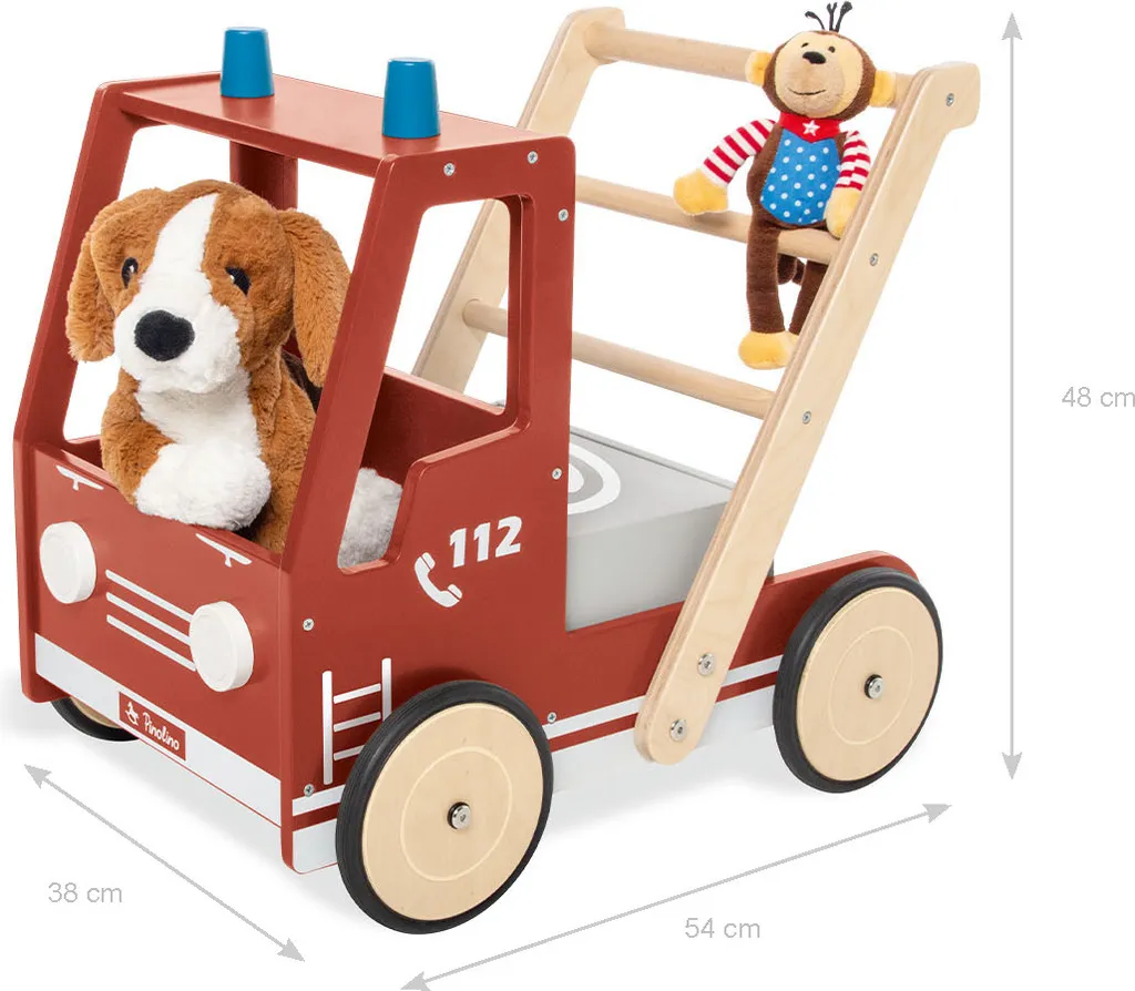 Trotteur pompier Fred pour enfant avec roues silencieuses et coffre