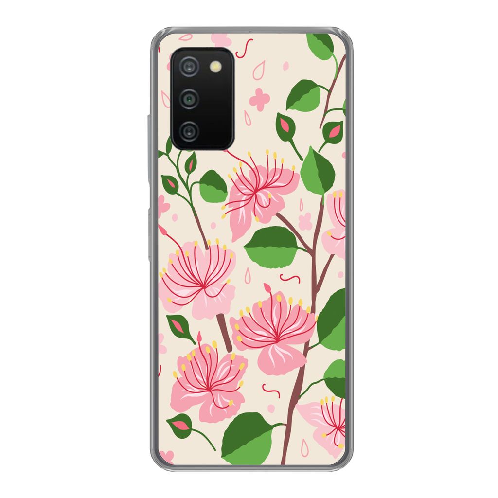 MuchoWow Handyhülle Schutzhülle Hülle für Samsung Galaxy A03s Blume - Rosa - Blatt - Muster Silikon Softcase Handy Hülle - Schutz