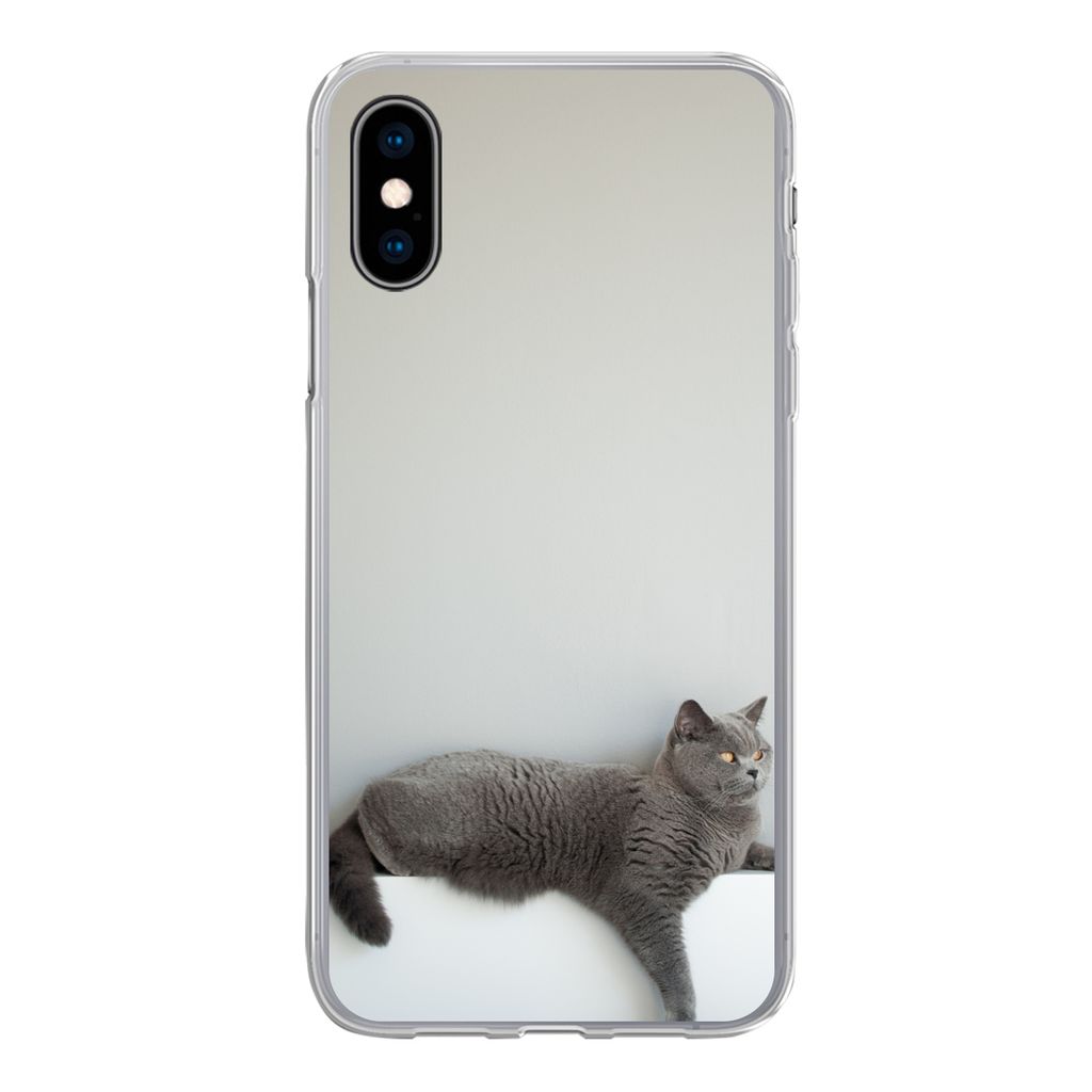 MuchoWow Handyhülle Schutzhülle Hülle für iPhone X Katze - Britisch Kurzhaar - Grau - Mädchen - Kinder - Jungen - Kinder Silikon Softcase Ha...