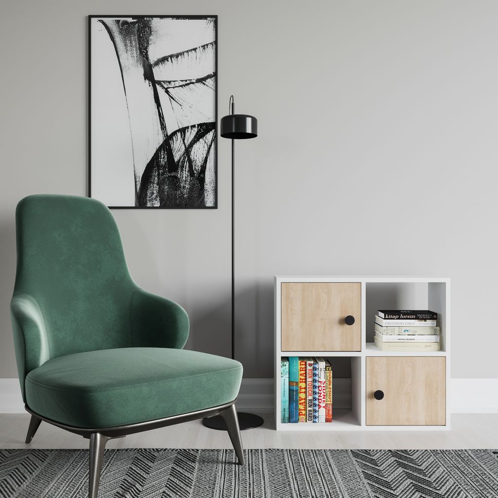 Decorotika Tuttle Praktisches Bücherregal mit 4 Ablagefächern | Weiß & Beige