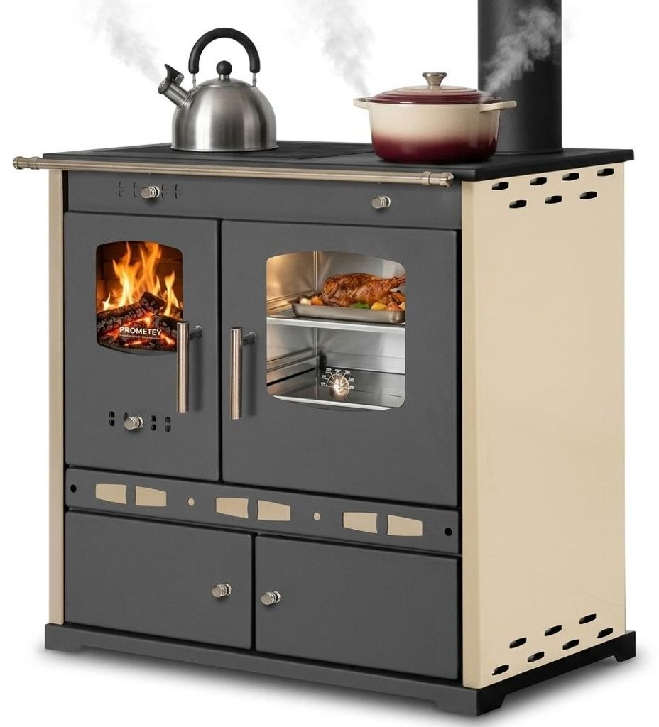 Küchenofen Holzherd ECO LUX INOX, Edelstahlbackfach, creme rechte Version