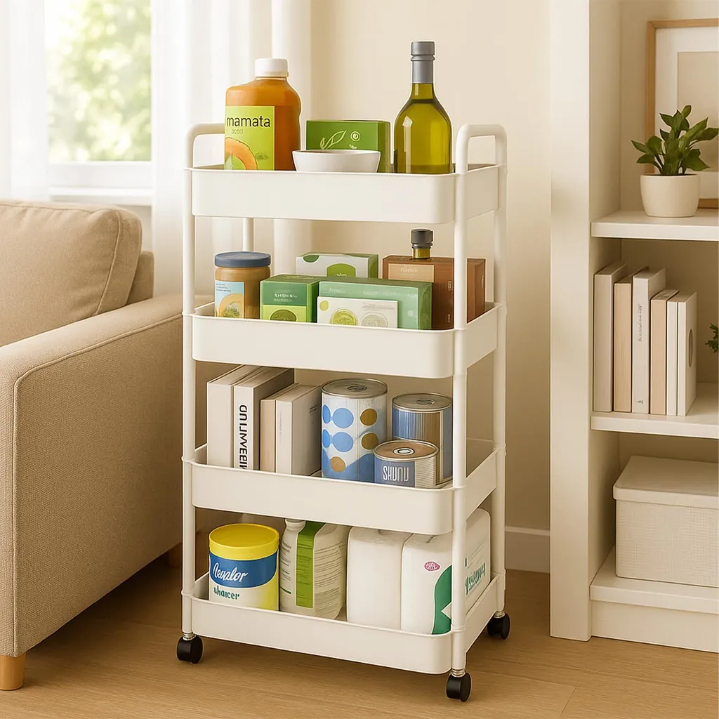 Chariot de rangement étroit à 4 niveaux blanc, étagère mobile 13 cm