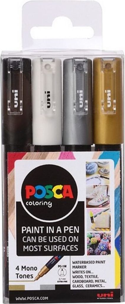 A retail package containing four Posca markers in mono tones.