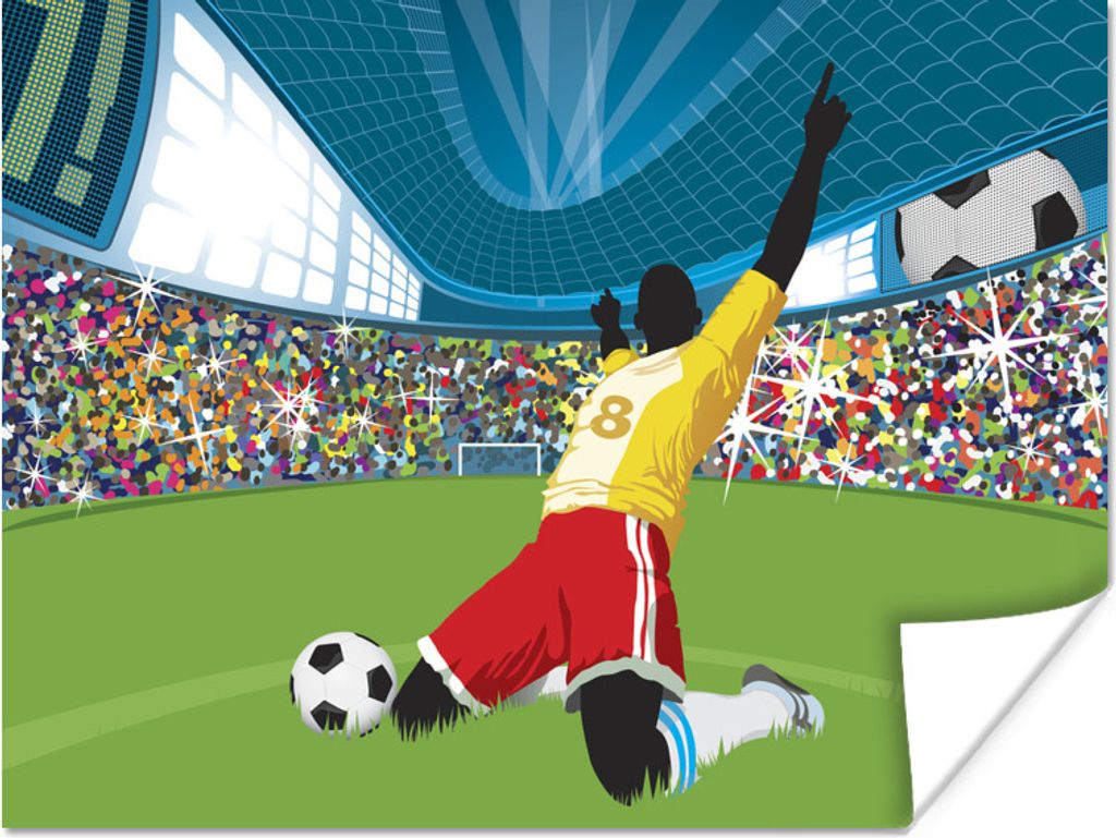 MuchoWow Poster Ein Fußballspieler feiert sein Tor im Fußballstadion 160x120 cm - Foto Plakat
