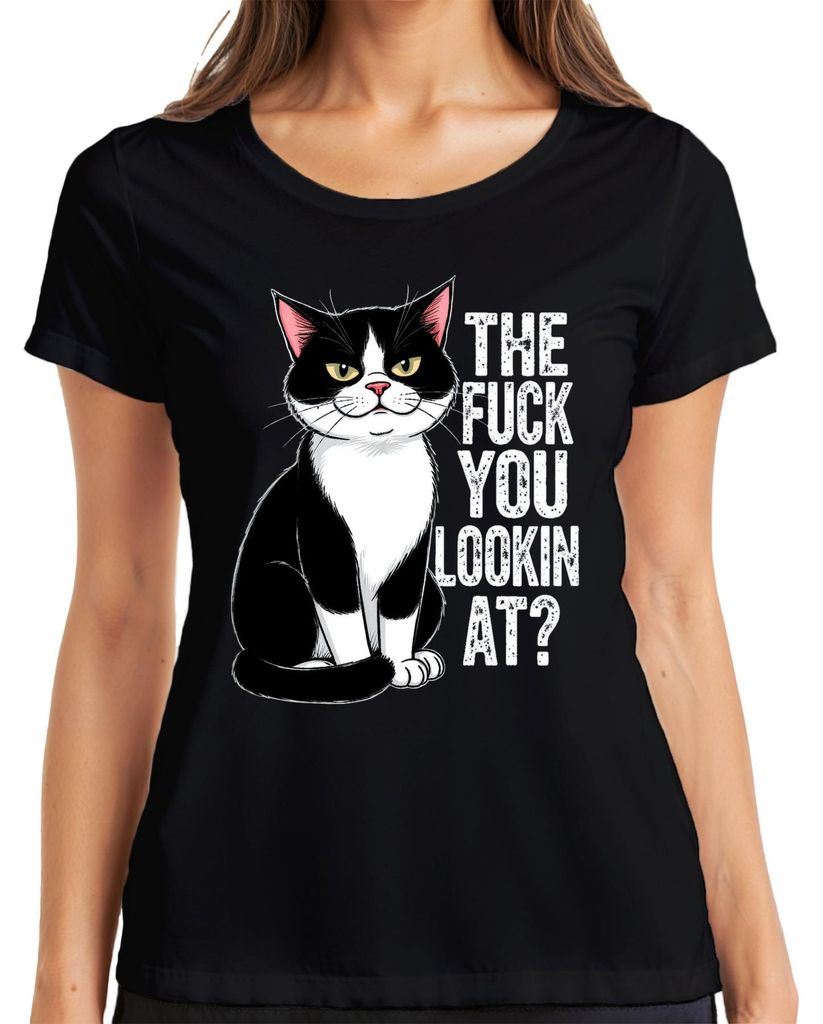 The Fuck You Lookin At Tuxedo Cat Grumpy Sarcastic Geschenk Damen T-Shirt, Schwarz, L
