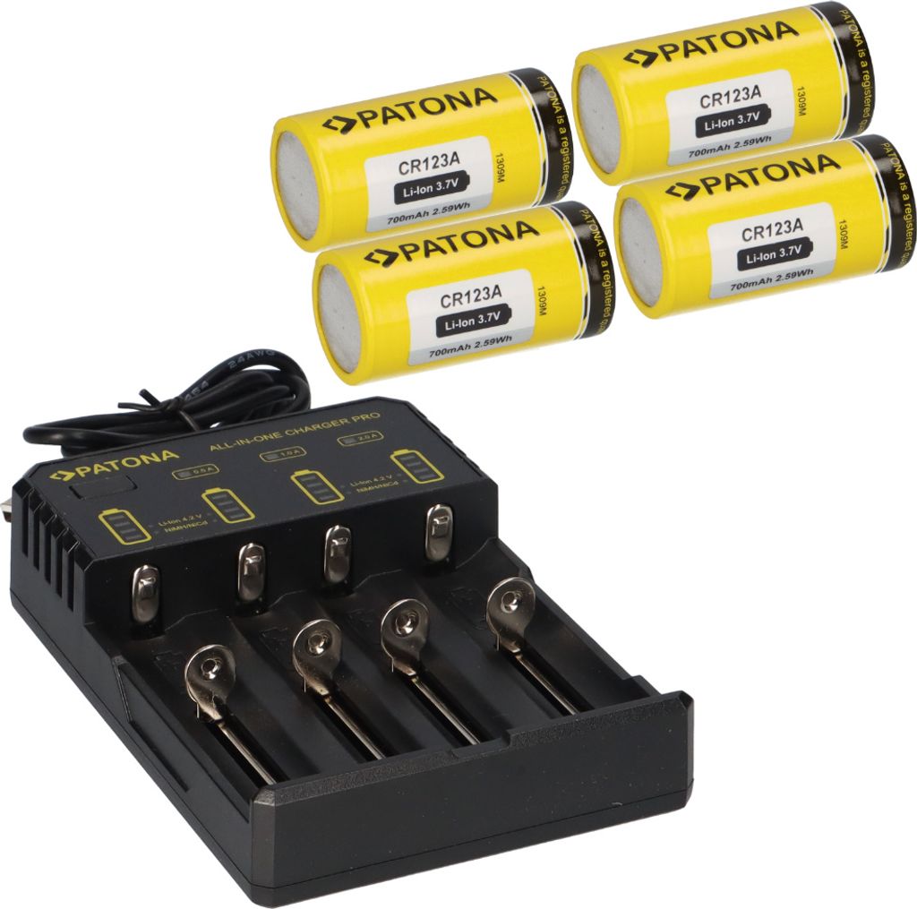 4x PATONA Li-Ion 3,7V Akku CR123A 700mAh 2,59Wh + Lader