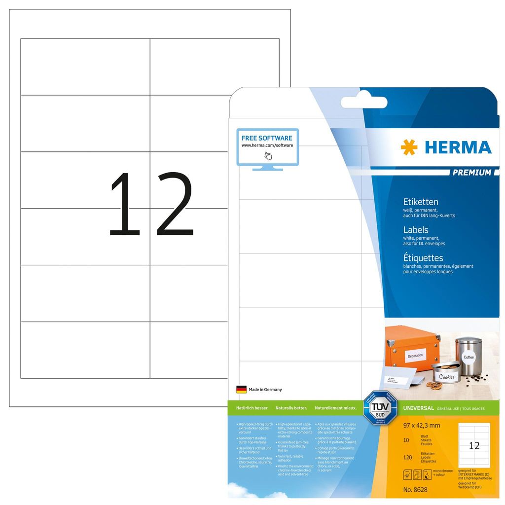 Etiketten Premium A4, weiß 97x42,3 mm Papier matt 120 St. Produktbild 