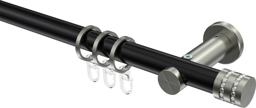 Interdeco Gardinenstange / Vorhangstange Schwarz / Edelstahl-Optik, Typ Platon Estana (Glitzerkappe), 20 mm Ø 1-läufig, 120 cm