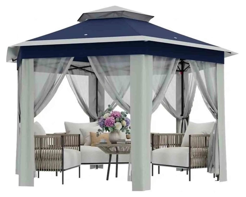 Gartenpavillon - Pop-up Partypavillon - 2 x 2 m - Moskitonetz - Stahlgestell - Baumwolle/Polyester - Manueller Aufbau - Blau