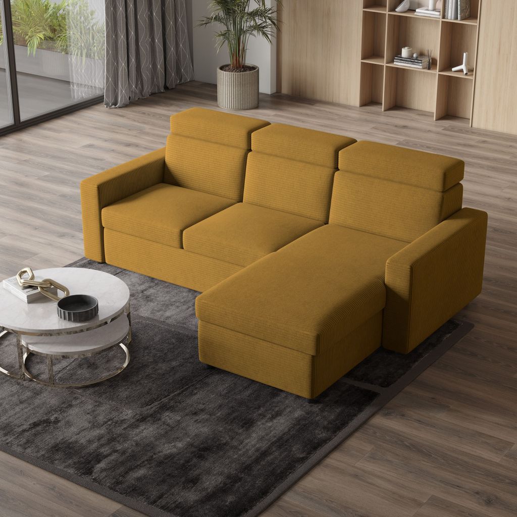 Masseno Ecksofa PADWA mit Schlaffunktion L-Form, Sofa mit Bettkasten, Wohnzimmersofa, Couch, Soffa, Bettsofa, Couchgarnitur- Gelb, POSO 01
