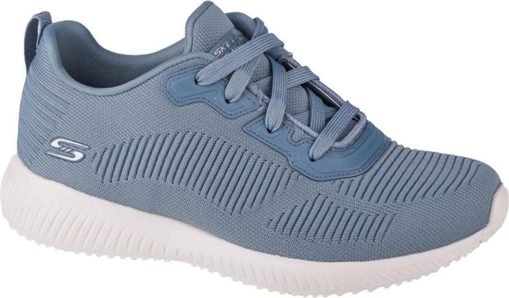 A single blue Skechers Bobs Squad Tough Talk sneaker is shown from a side angle against a white background.