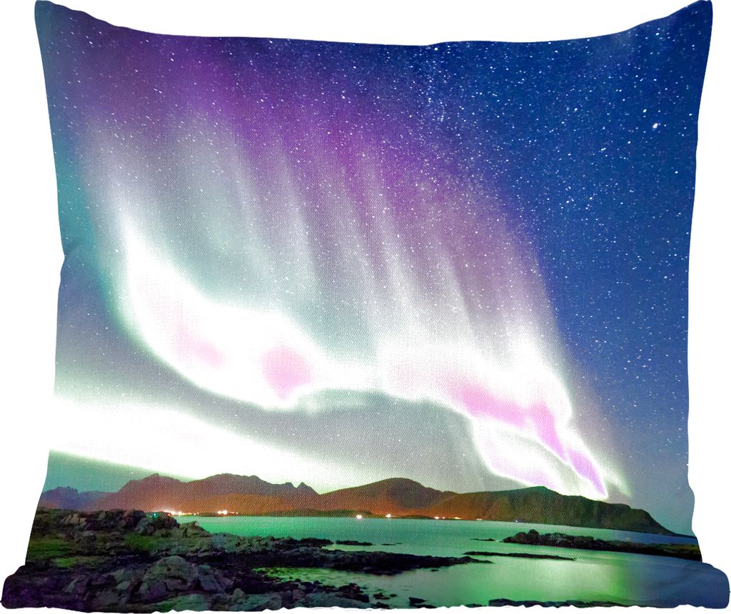 MuchoWow Zierkissen Sofakissen Wohnzimmer Dekokissen 60x60 cm Nordlicht - Grün - Lila - Sternenhimmel - See - Berg - Sitzfläche - Foto Polster