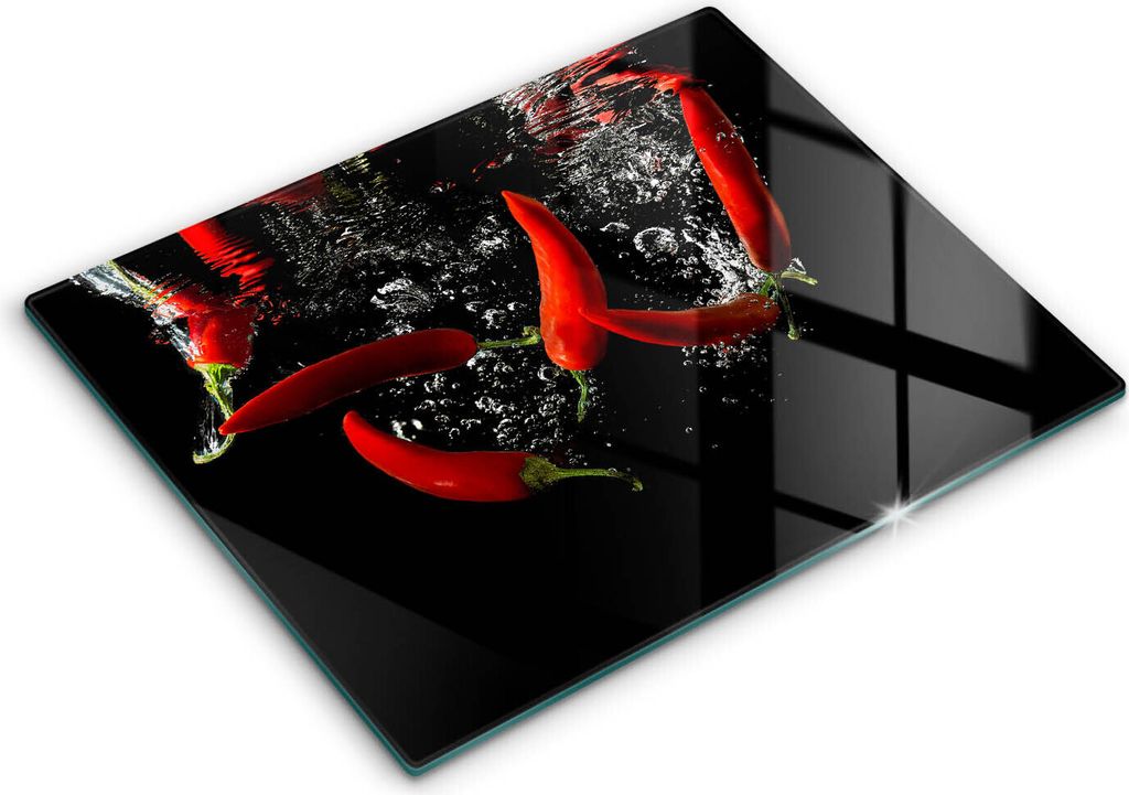 Glasschneideplatte - Herdabdeckplatte - 52x40 cm - Schneidebrett - Spritzschutz - Chilischoten im Wasser