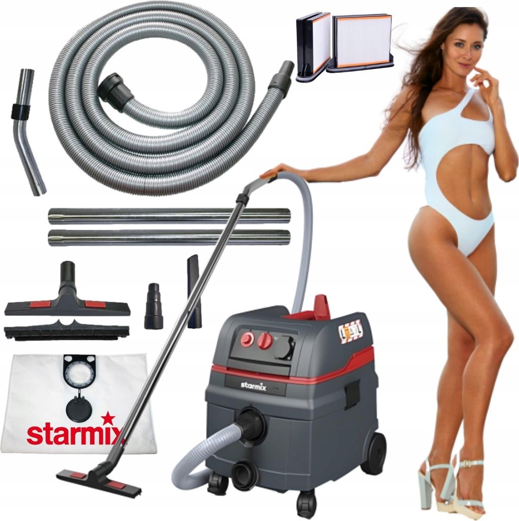A woman in a swimsuit poses next to a Starmix industrial vacuum cleaner and its accessories.