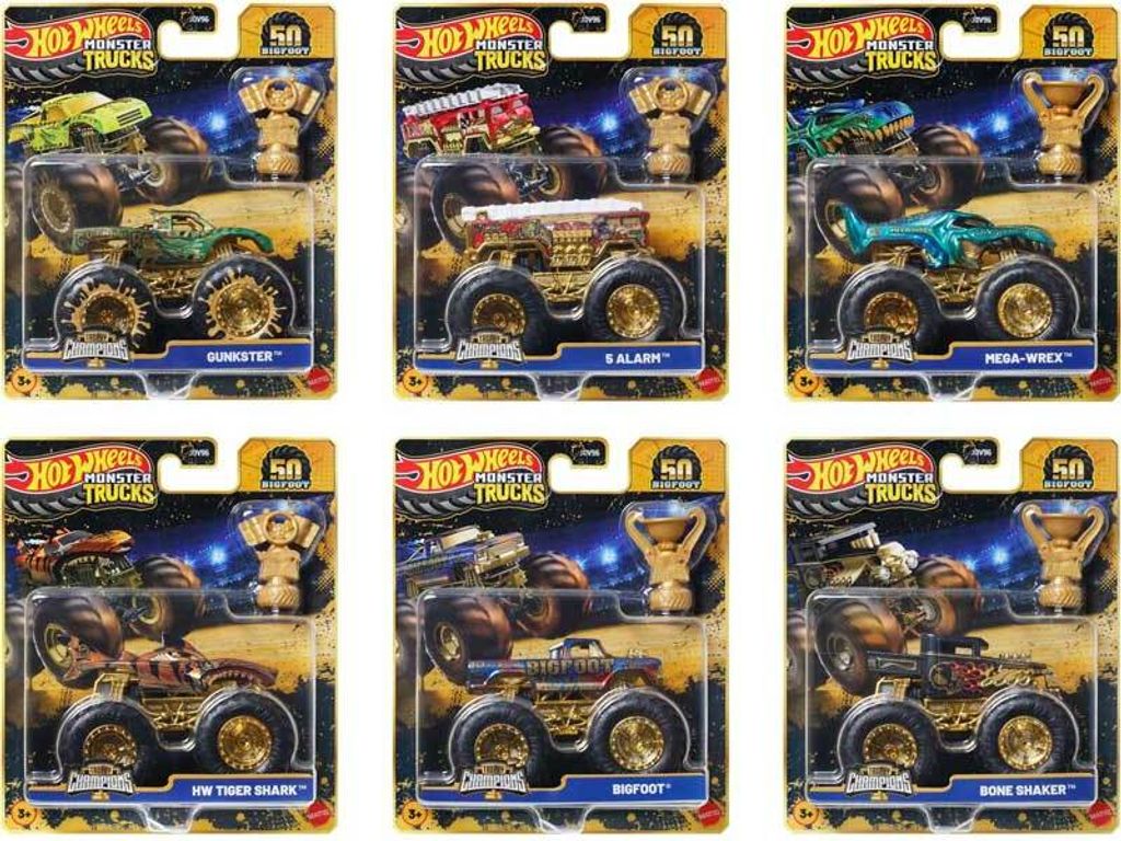 A collage of six Hot Wheels Monster Trucks in their packaging, each with a trophy icon.