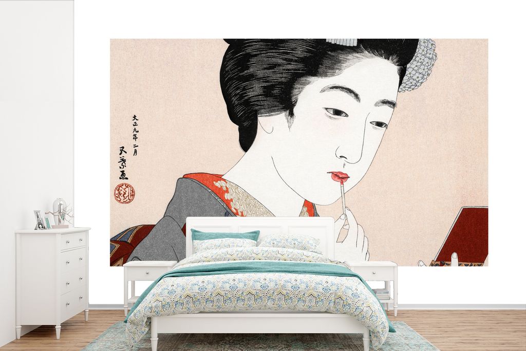 MuchoWow Fototapete für Wohnzimmer oder Schlafzimmer Wandtapete Vinyl Motivtapete Frau - Make-up - Japanisch - Vintage - 525x350 cm - Das Hinter...