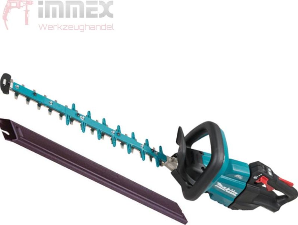 A Makita Akku-Heckenschere (cordless hedge trimmer) and its protective cover are displayed against a white background. A logo and text are present in the top left corner.