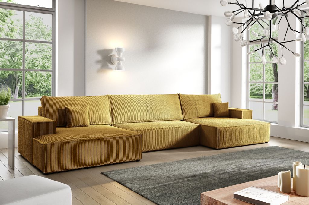Ecksofas in U-Form ANTONIO MINI NEW U 398x148cm, Wohnlandschaft mit Schlaffunktion & Bettkästen, Eckarniutur / Bezug - Cord in Maisgelb
