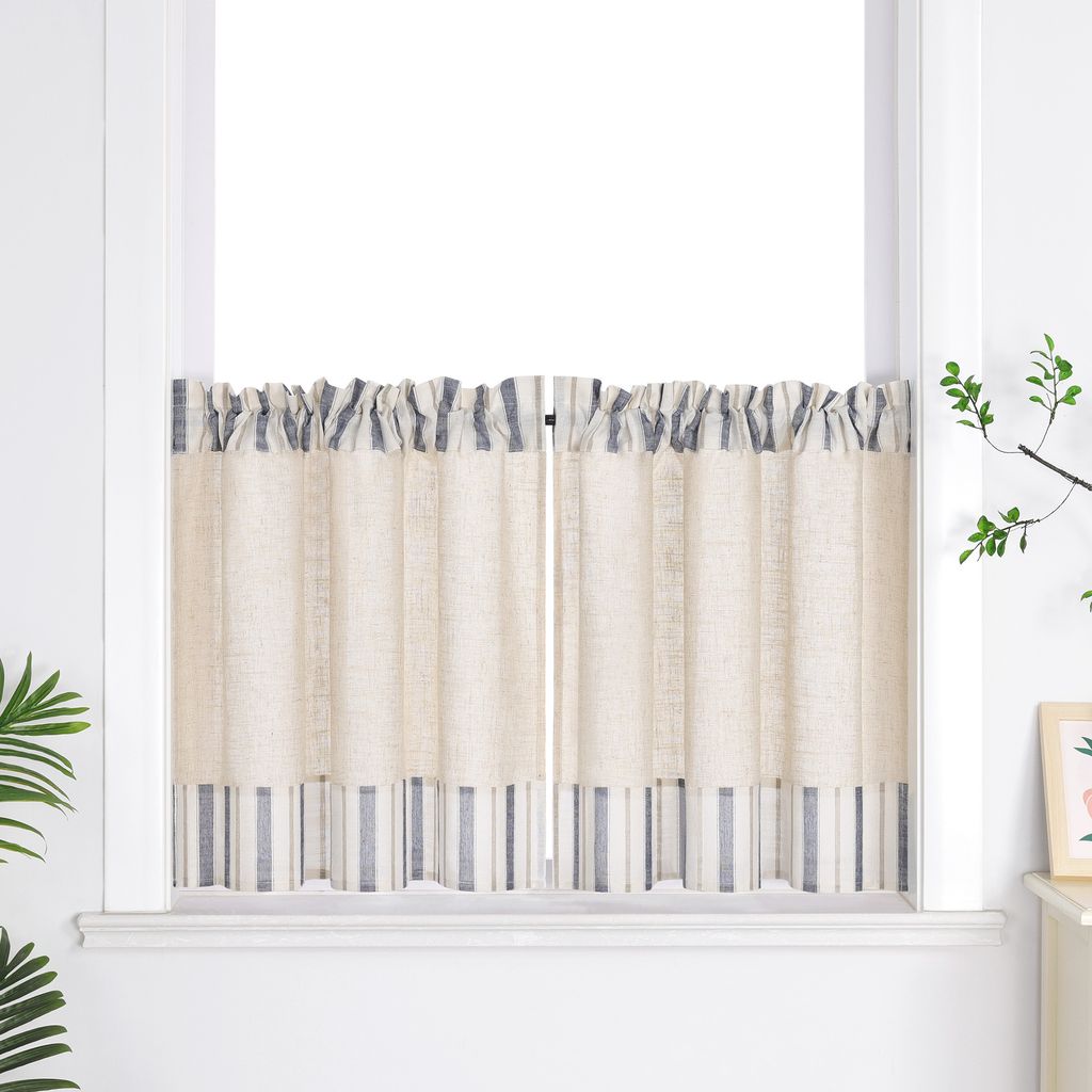 Joyswahl Scheibengardine HxB 45x90cm Leinen Bistrogardine mit grauen Streifen Küche Gardinen landhausstil Kurzstores Tunnelzug 1 Stück