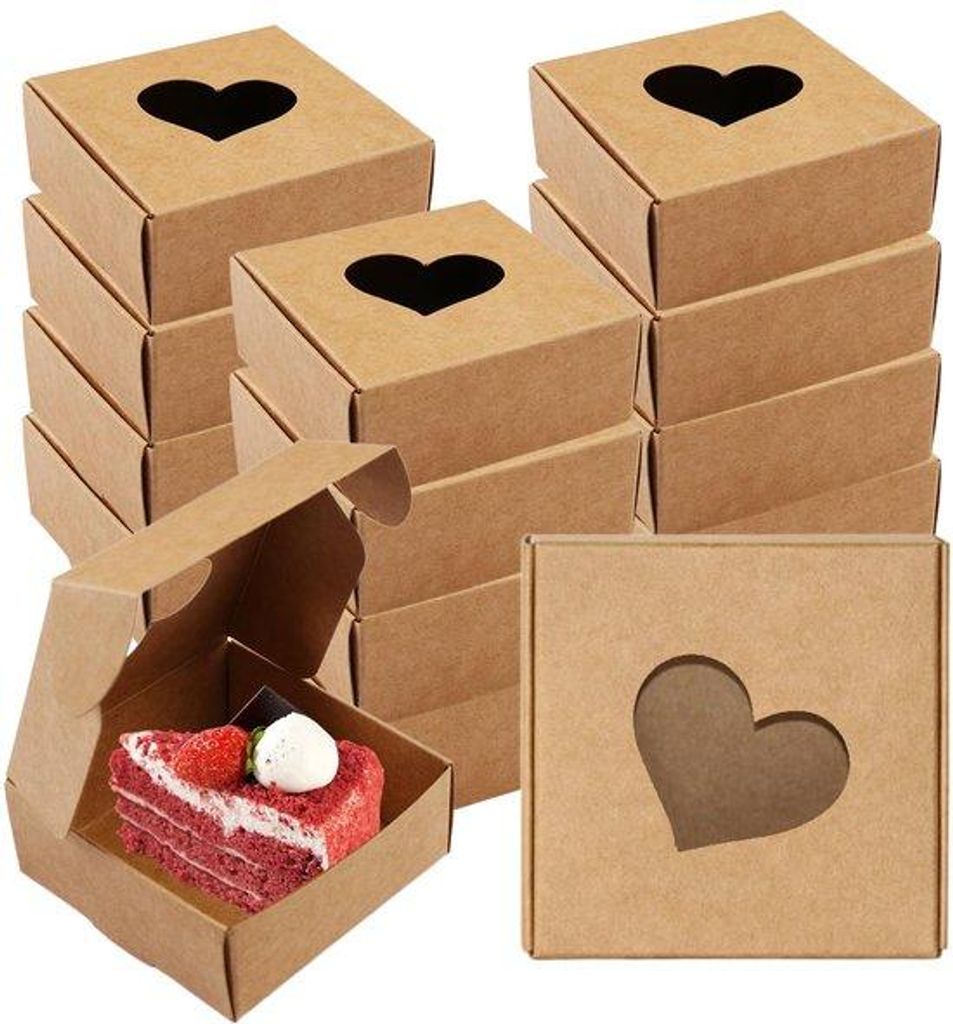 30 braune Geschenkboxen mit Herzfenster, 7,5x7,5x3cm - ideal für Kekse, Schokolade, Cupcakes und Schmuck - Pappkartonverpackung