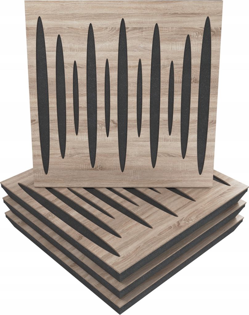 4 Stück AKUSTIK-WANDPANEELE mit Montageset | "PULSAR" 50x50x5cm | Absorption und Diffusion | Farbe: Sonoma