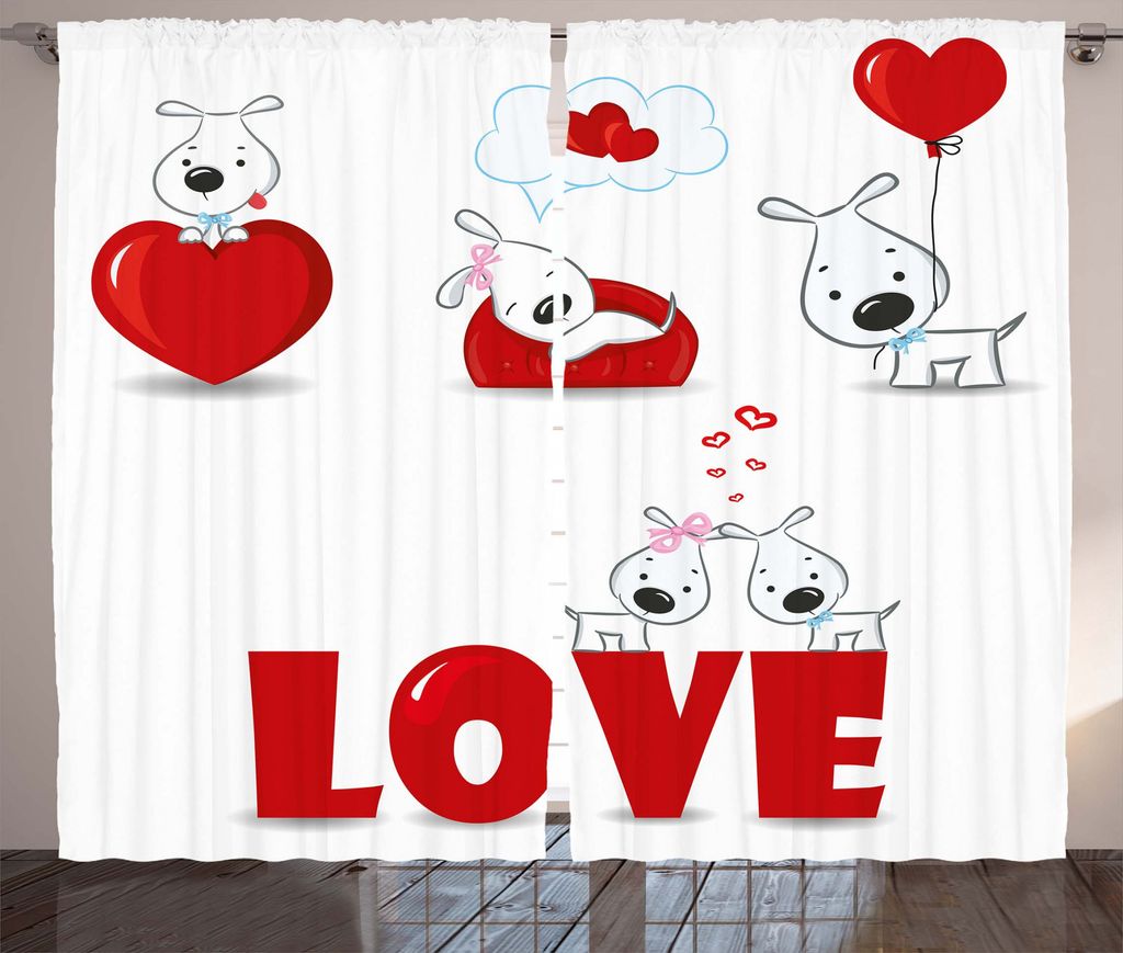 ABAKUHAUS Valentinstag Rustikaler Vorhang, Welpe Seine Hers, Wohnzimmer Universalband Gardinen mit Schlaufen und Haken, 280 x 175 cm, Weiß Rot