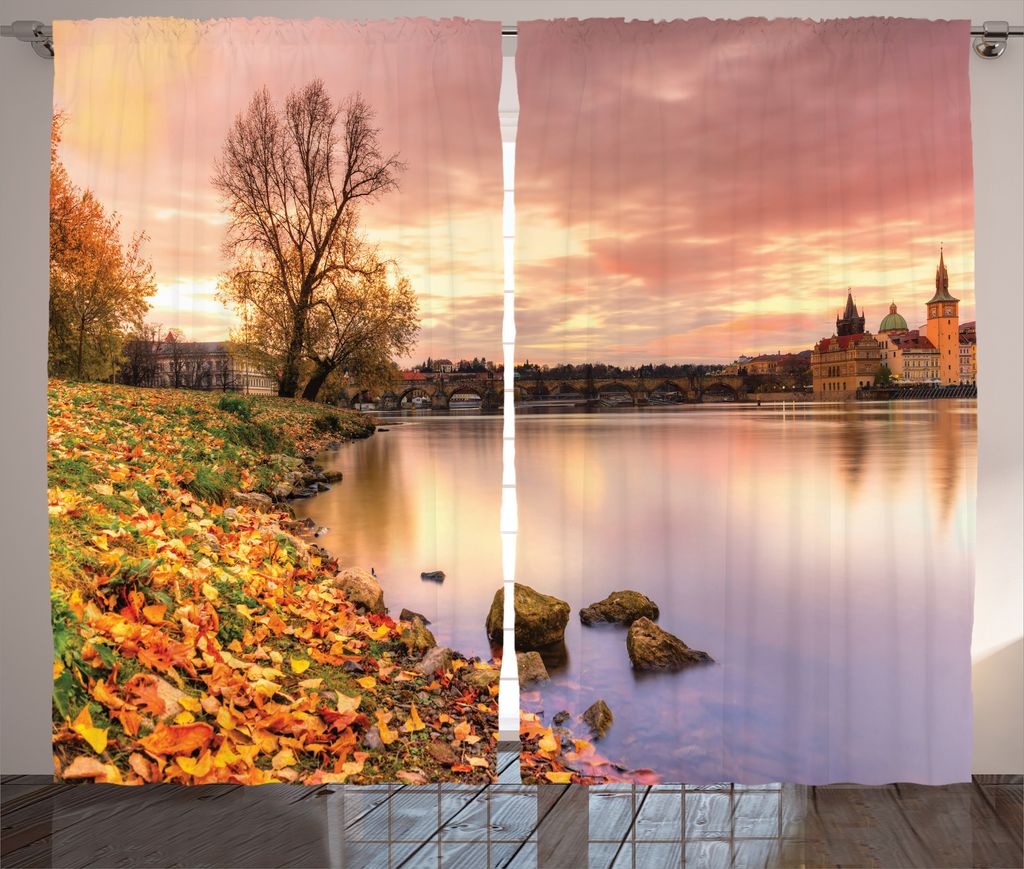 ABAKUHAUS Stadt Rustikaler Gardine, Prag Riverside Herbst, Schlafzimmer Kräuselband Vorhang mit Schlaufen und Haken, 280 x 225 cm, Rosa Orange