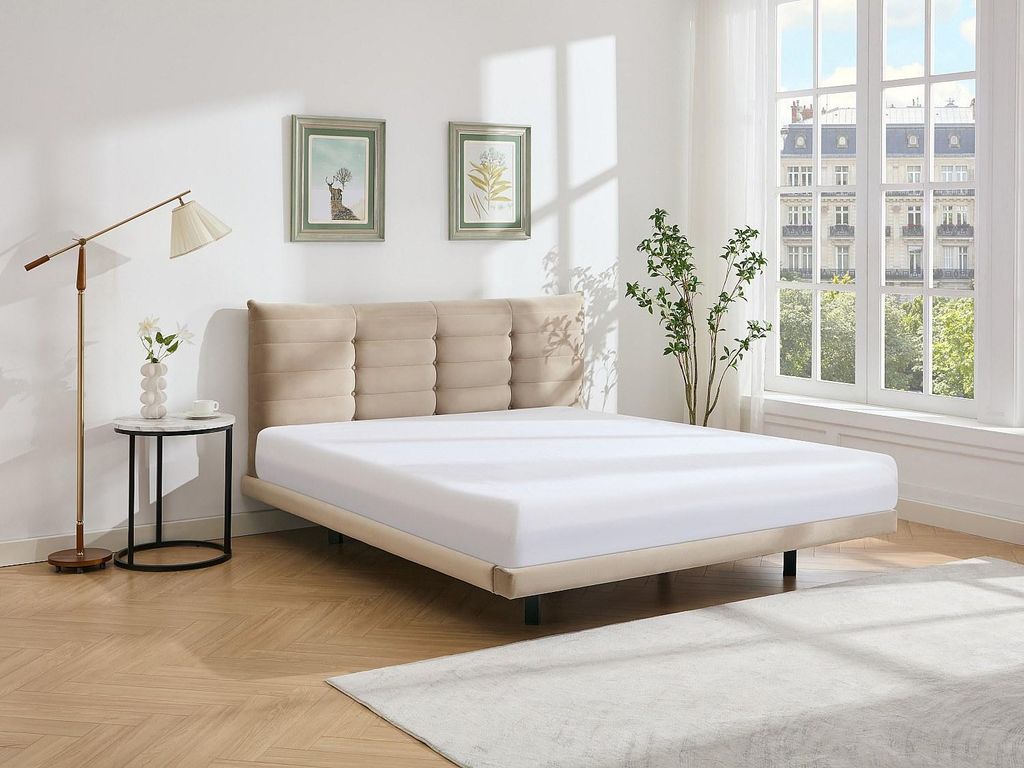 Bett 140 x 190 cm mit gestepptem Kopfteil - Velours - Beige - NISATIO