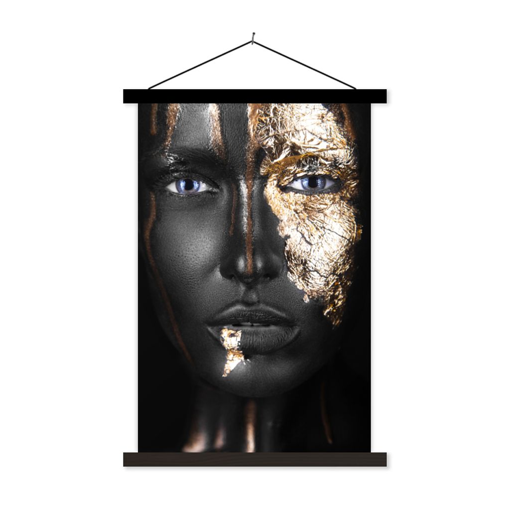 MuchoWow Textilposter Frau - Blattgold - Schwarz - Gold - Luxus 120x180 cm mit schwarzem Rahmen - Fotos