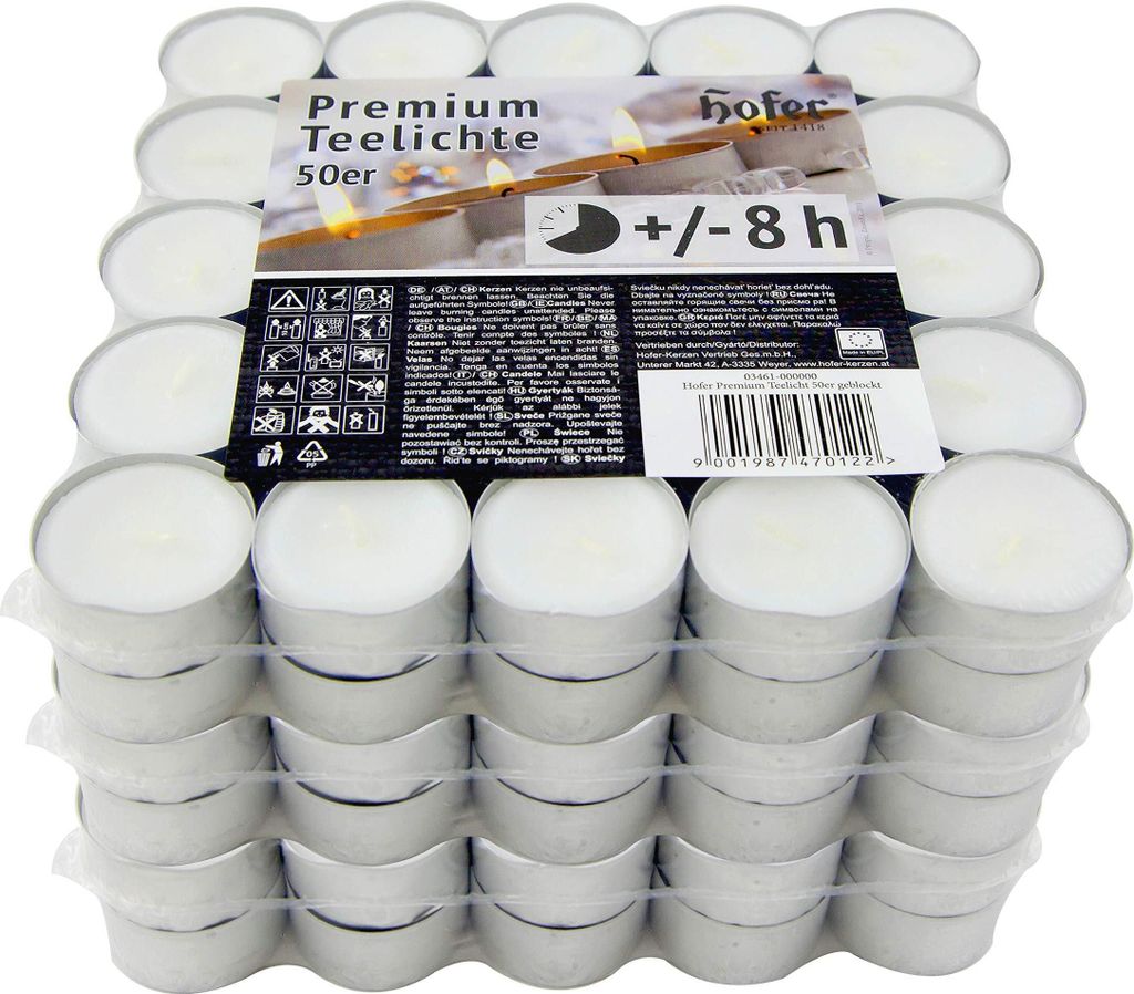 Candele Hofer Tea lights bianche - 150 pezzi (3x50) - Lunga Immagine del prodotto 